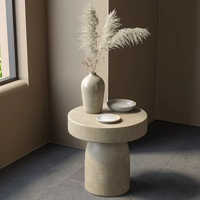 Round Stone Side Table With Vase Plants And Two Small Plates By Window 3d model
