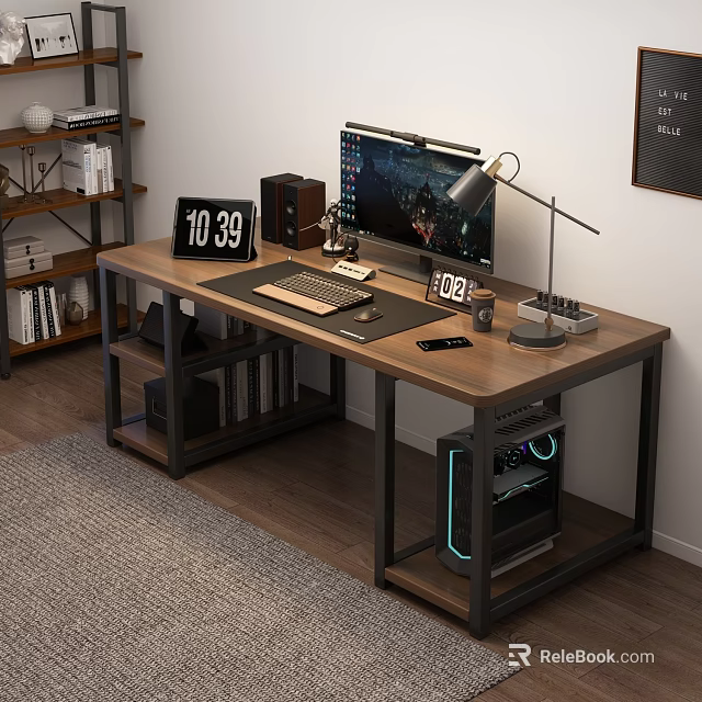 Wooden Computer Desk With Metal Frame PC Setup Table Lamp Clock And Bookshelf 3d model 