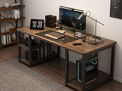 Wooden Computer Desk With Metal Frame PC Setup Table Lamp Clock And Bookshelf 3d model
