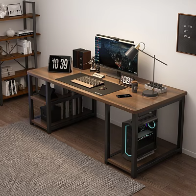 Wooden Computer Desk With Metal Frame PC Setup Table Lamp Clock And Bookshelf 3d model Wooden Computer Desk With Metal Frame PC Setup Table Lamp Clock And Bookshelf 3d model