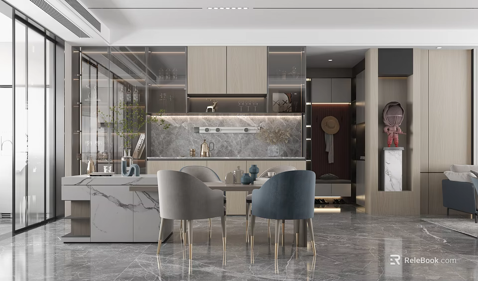 Modern Living and Dining Room Interior With Marble Table Gray Chairs And Decorative Elements 3d model