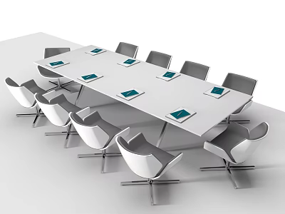 Modern Conference Table With Gray Chairs And Green Notebooks On White Surface 3d model