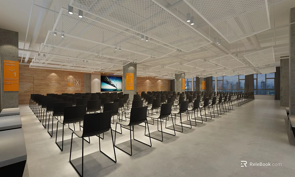 Spacious Conference Room With Black Chairs Large Screen Wooden Wall And Large Windows 3d model 