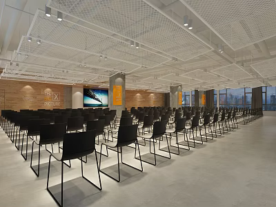 Spacious Conference Room With Black Chairs Large Screen Wooden Wall And Large Windows 3d model