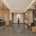 Modern Hotel Lobby With Reception Counter Marble Floor Ceiling Lights Leather Chairs And Wooden Bookshelves