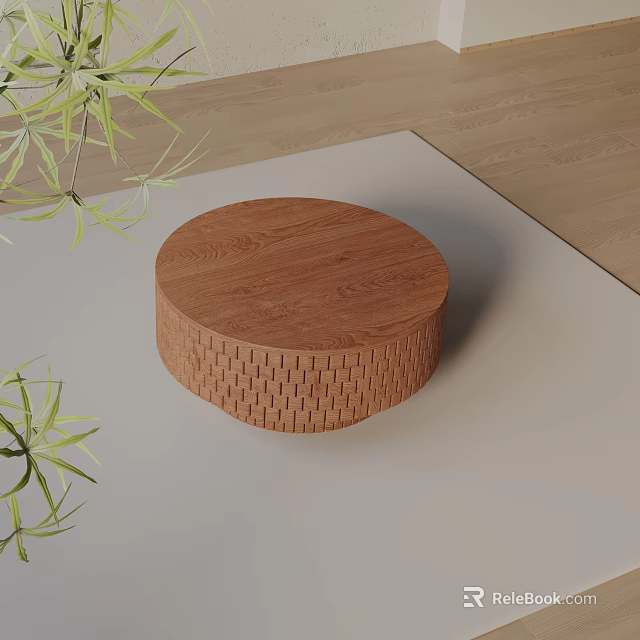 Modern Sofa Coffee Table Set with Wooden Round Top and Green Plants on Light Carpet 3d model 
