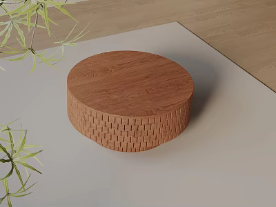 Modern Sofa Coffee Table Set with Wooden Round Top and Green Plants on Light Carpet 3d model