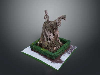 Ancient Arbor Tree Stump with Green Shrubs on Square Base and Snow 3d model