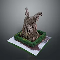 Ancient Arbor Tree Stump with Green Shrubs on Square Base and Snow