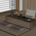 Japanese Style Wooden Tea Table with Cushioned Seating and Traditional Tea Set in Minimalist Room