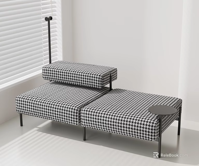 Stylish Modern Upholstered Black And White Checkered Stool With Metal Frame 3d model 