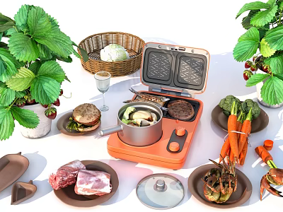 Assorted Fresh Food With Strawberries Cabbage Carrots Raw Meat Burger Grill And Pot Setup 3d model