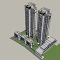 Modern High Rise Building Complex With Two Towers And Low Rise Podium Structure 3d model