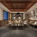 Spacious Japanese Restaurant Interior With Wooden Ceiling Cherry Blossom Decor And Long Tables