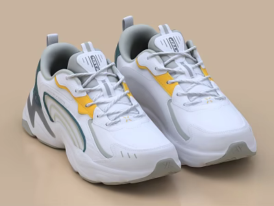 Modern White Athletic Sneakers With Yellow Green Accents Gray Lines And Comfortable Sole 3d model