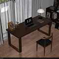 Modern Wooden Study Desk With Laptop Table Lamp Potted Plant And Bookshelf