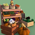 Cute Cats Around Colorful Vegetable Fruit Market Stall With Wooden Shelves Crates And Chalkboard