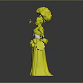 Vibrant Fantasy Character With Ornamental Floral Feathered Headdress And Green Yellow Purple Skirt Outfit