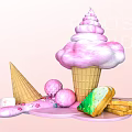 Pink Swirled Ice Cream Cone With Melting Scoops Another Cone And Green Dessert Treats