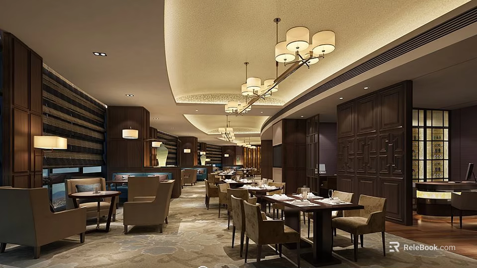 Elegant Hotel Corridor With Classic Chandeliers Wooden Paneling And Soft Carpet Flooring 3d model 
