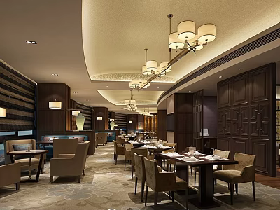 Elegant Hotel Corridor With Classic Chandeliers Wooden Paneling And Soft Carpet Flooring 3d model