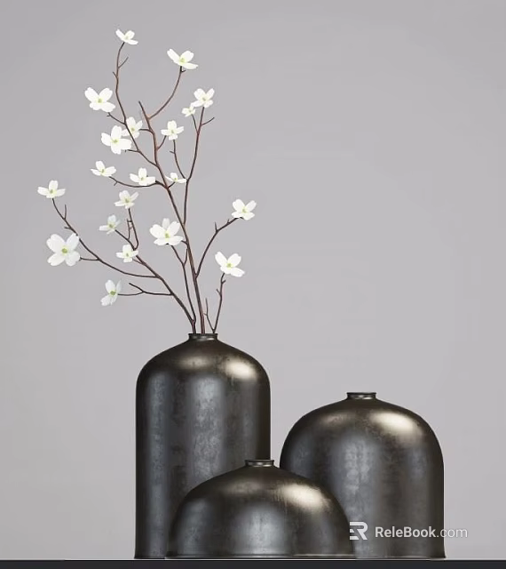 Elegant Black Vases With White Blossoms On Gray Background 3d model