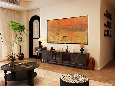 Vintage Dark Solid Wood TV Cabinet With Exquisite Decorations In Cozy Stylish Warm Living Room 3d model