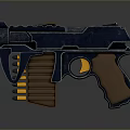 Futuristic Blue And Brown Pistol Design With Orange Barrel Grip And Modern Accents
