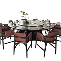 Round Dining Table And Chairs Set With Red Seats Black Frames Tableware And Plant Decor 3d model