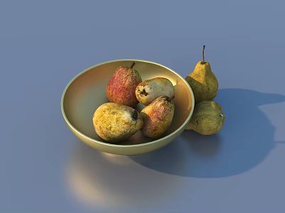 Ripe pears arranged in golden bowl and beside on blue background 3d model