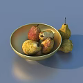 Ripe pears arranged in golden bowl and beside on blue background