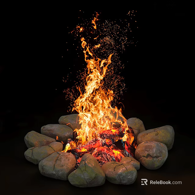 Rustic Garden Ornament With Circular Stone Fire Pit And Burning Flames With Sparks 3d model 