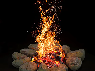 Rustic Garden Ornament With Circular Stone Fire Pit And Burning Flames With Sparks 3d model