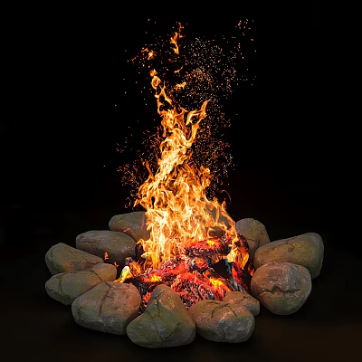 Rustic Garden Ornament With Circular Stone Fire Pit And Burning Flames With Sparks 3d model