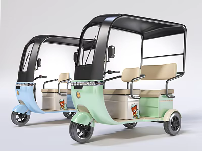 Electric Three Wheeled Motorcycle with Canopy Beige Seats and Storage Boxes in Blue Light Green 3d model