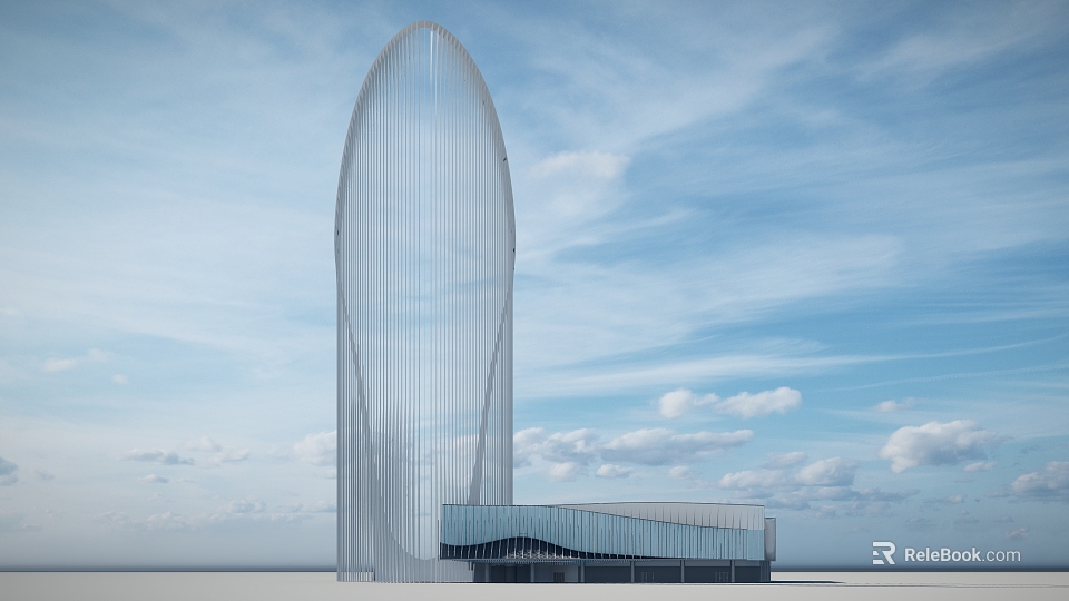 Modern Streamlined Museum Building Featuring Tall Curved Glass Structure And Lower Base Design 3d model 