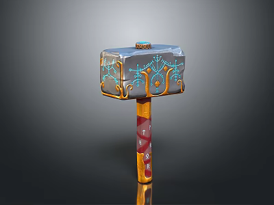 Decorative Fantasy Hammer 3D Model With Blue Patterned Head And Red Gold Handle 3d model