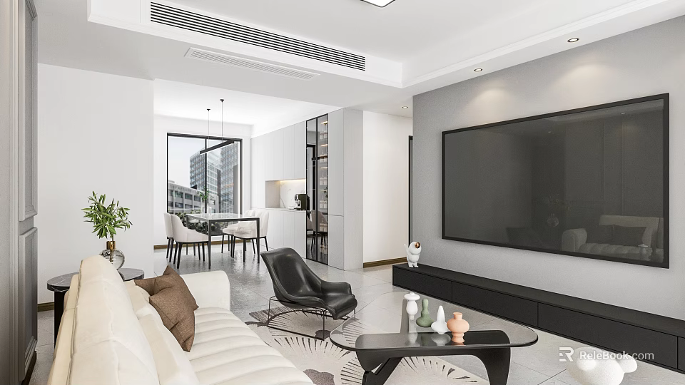 Modern Living and Dining Area With White Sofa Dining Table TV Wall and Coffee Table 3d model