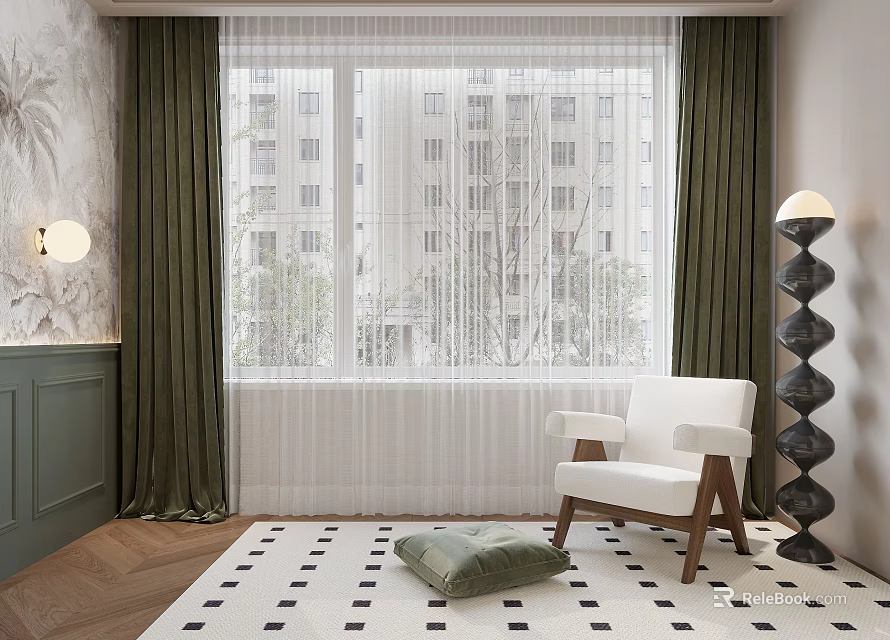 Green Curtains with White Sheer Panels in Modern Living Room Window Interior Design 3d model 