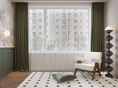 Green Curtains with White Sheer Panels in Modern Living Room Window Interior Design 3d model