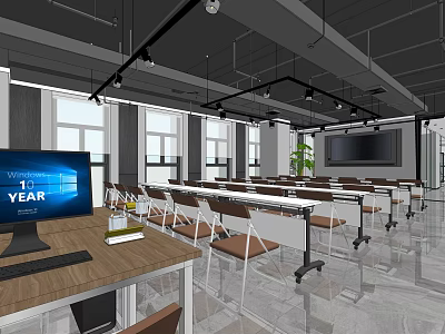 Spacious Public Office Space Featuring Desks Chairs Computers Projector Screen and Green Plants 3d model
