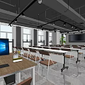 Spacious Public Office Space Featuring Desks Chairs Computers Projector Screen and Green Plants 3d model