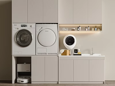 Modern Laundry Area With Built-in Washing Machine Dryer White Cabinets Sink And Countertop 3d model
