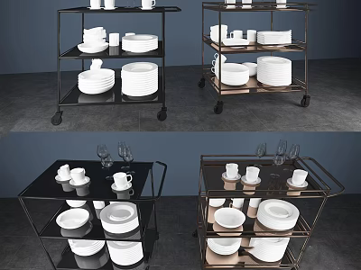 Commercial Metal Serving Carts With Wheels For Restaurant Kitchen White Plates Cups Glasses 3d model