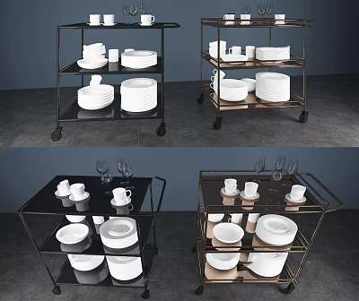 Commercial Metal Serving Carts With Wheels For Restaurant Kitchen White Plates Cups Glasses 3d model