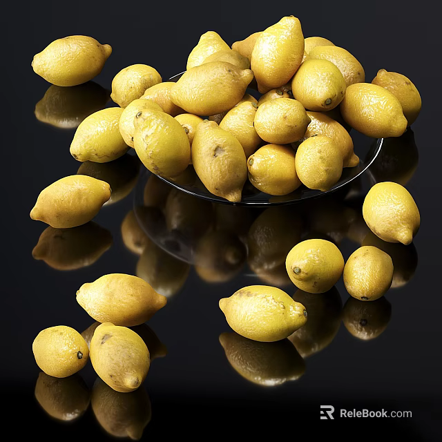 Fresh Ripe Lemons on Plate and Scattered on Black Surface with Reflections 3d model 