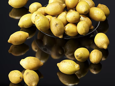 Fresh Ripe Lemons on Plate and Scattered on Black Surface with Reflections 3d model