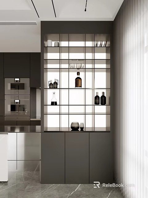 Modern Wine Cabinet Interior With Glass Shelves Wine Bottles And Wine Glasses 3d model 
