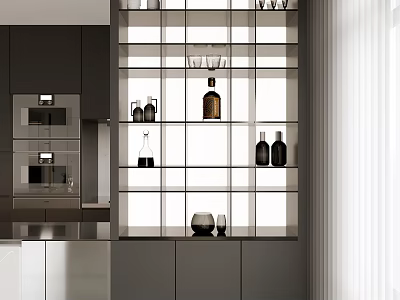 Modern Wine Cabinet Interior With Glass Shelves Wine Bottles And Wine Glasses 3d model