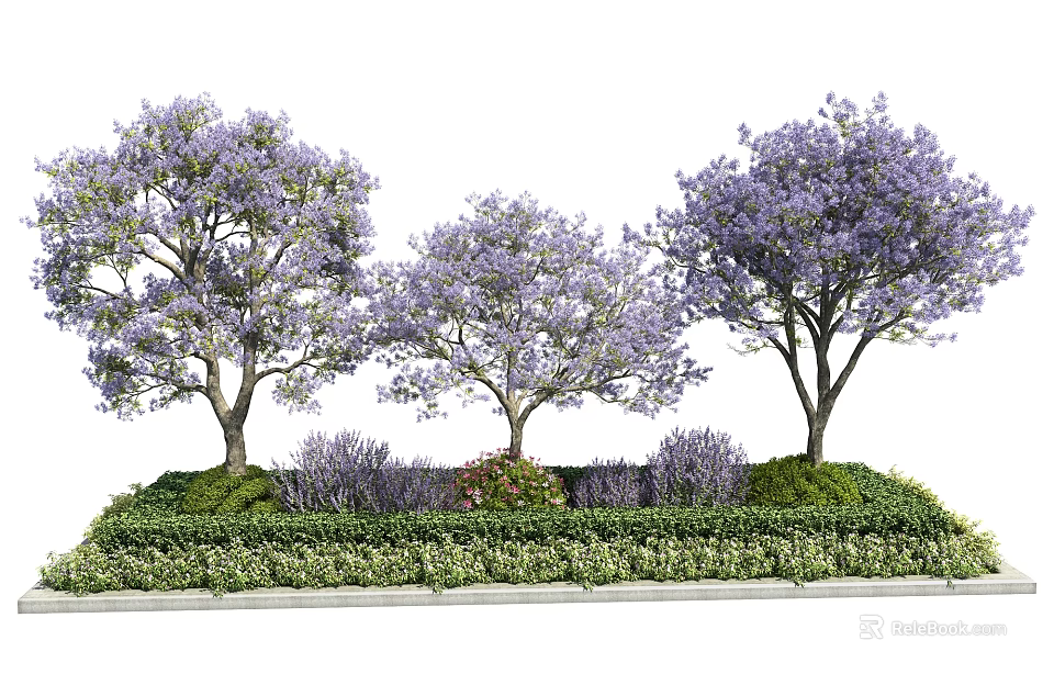Beautiful Trees With Purple Flowers Surrounded By Green Grass And Shrubs 3d model 